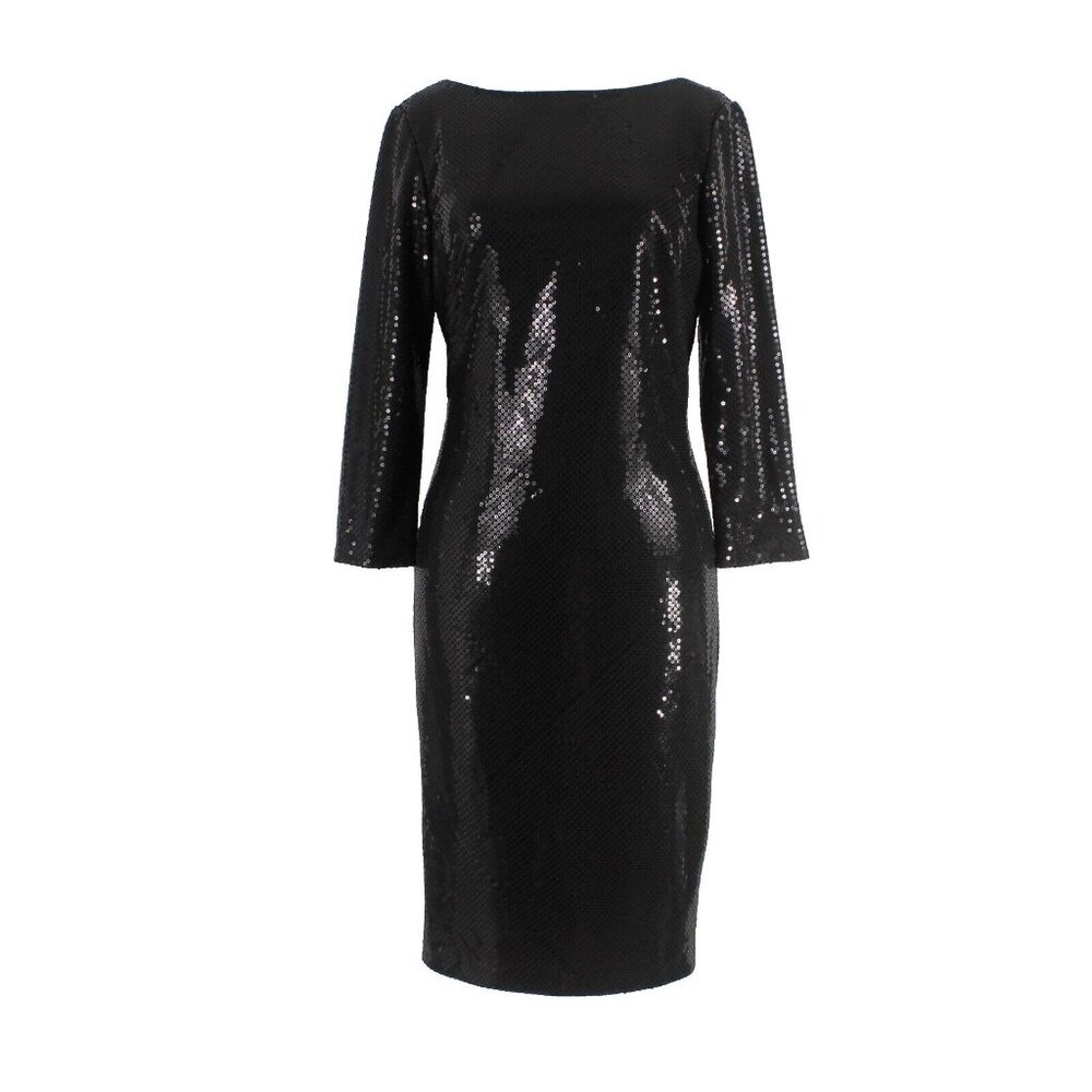 CHETTA B Sz 4 Black All Over Sequin V Back Kick Pleat 100% Poly Dress